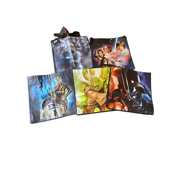 Star Wars Reusable Tote Bags Set Of 5 Featuring Yoda Darth Vader R2-D2 C-3PO & L - Picture 2 of 8